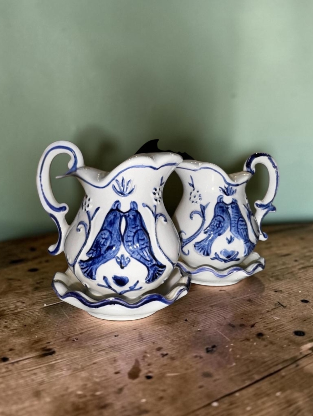 Vintage Enesco Blue White Bird Pitcher Salt Pepper Shakers Ceramic Japan Pair